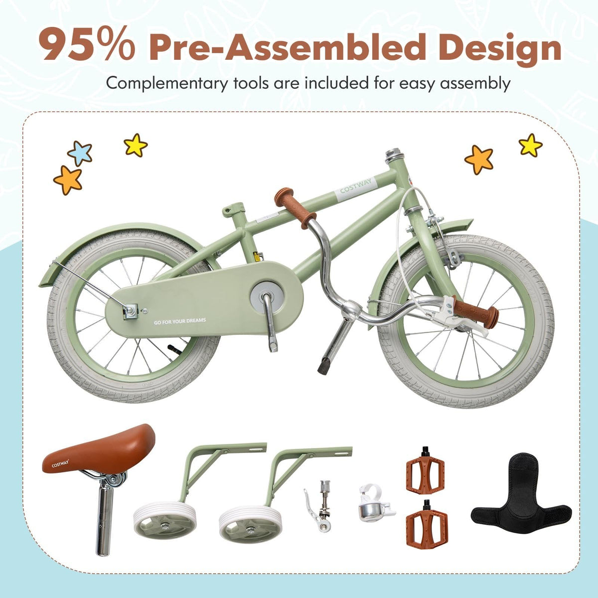 12 Inch Kids Bike with Adjustable Handlebar and Saddle, Sage Green