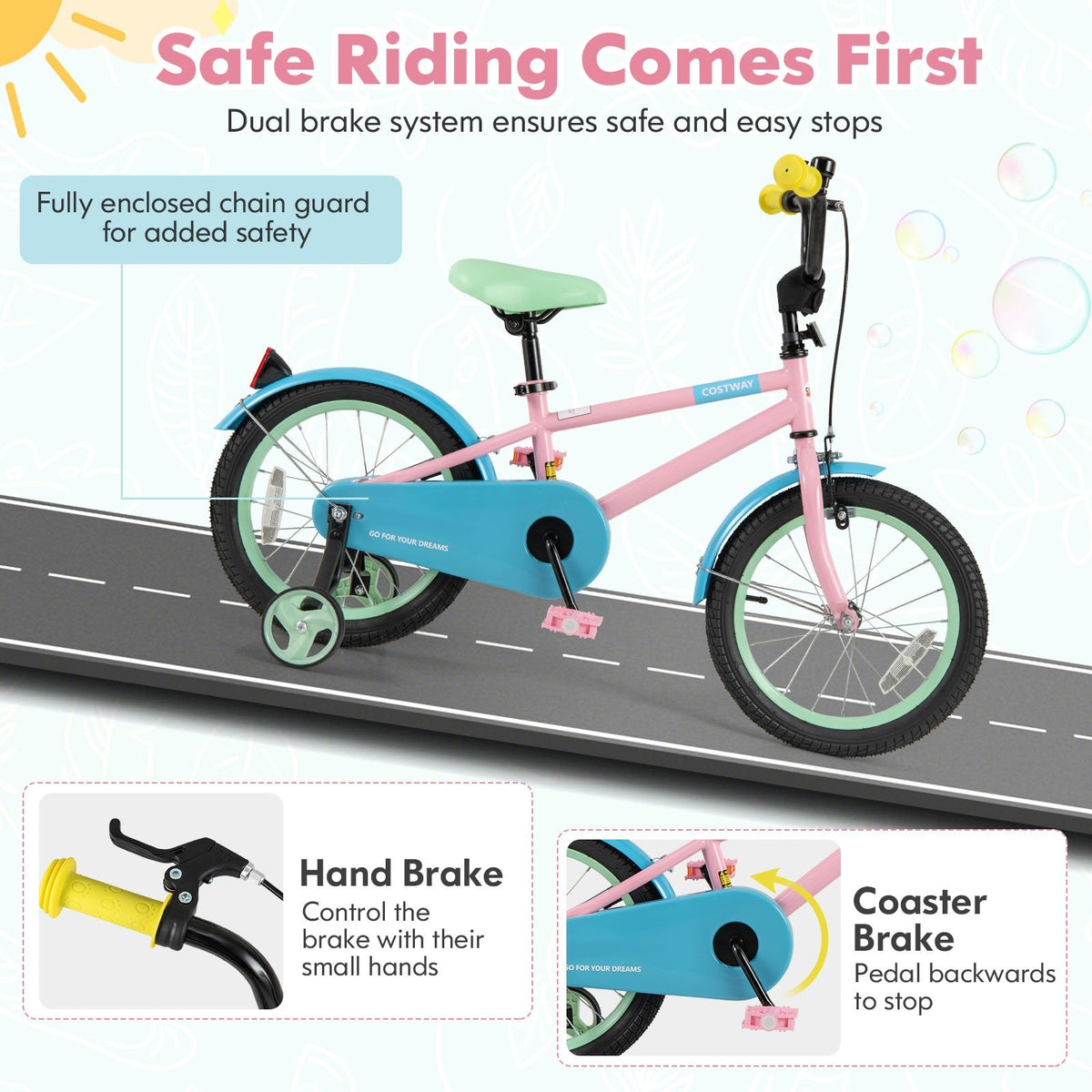 16 Inch Kids Bike with Adjustable Saddle, Reflectors and Training Wheels, Pink
