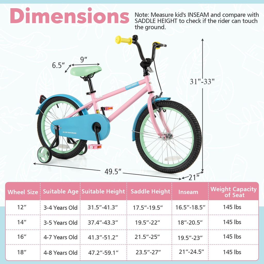 18 Inch Kids Bike with Adjustable Saddle, Kickstand and Reflectors, Pink
