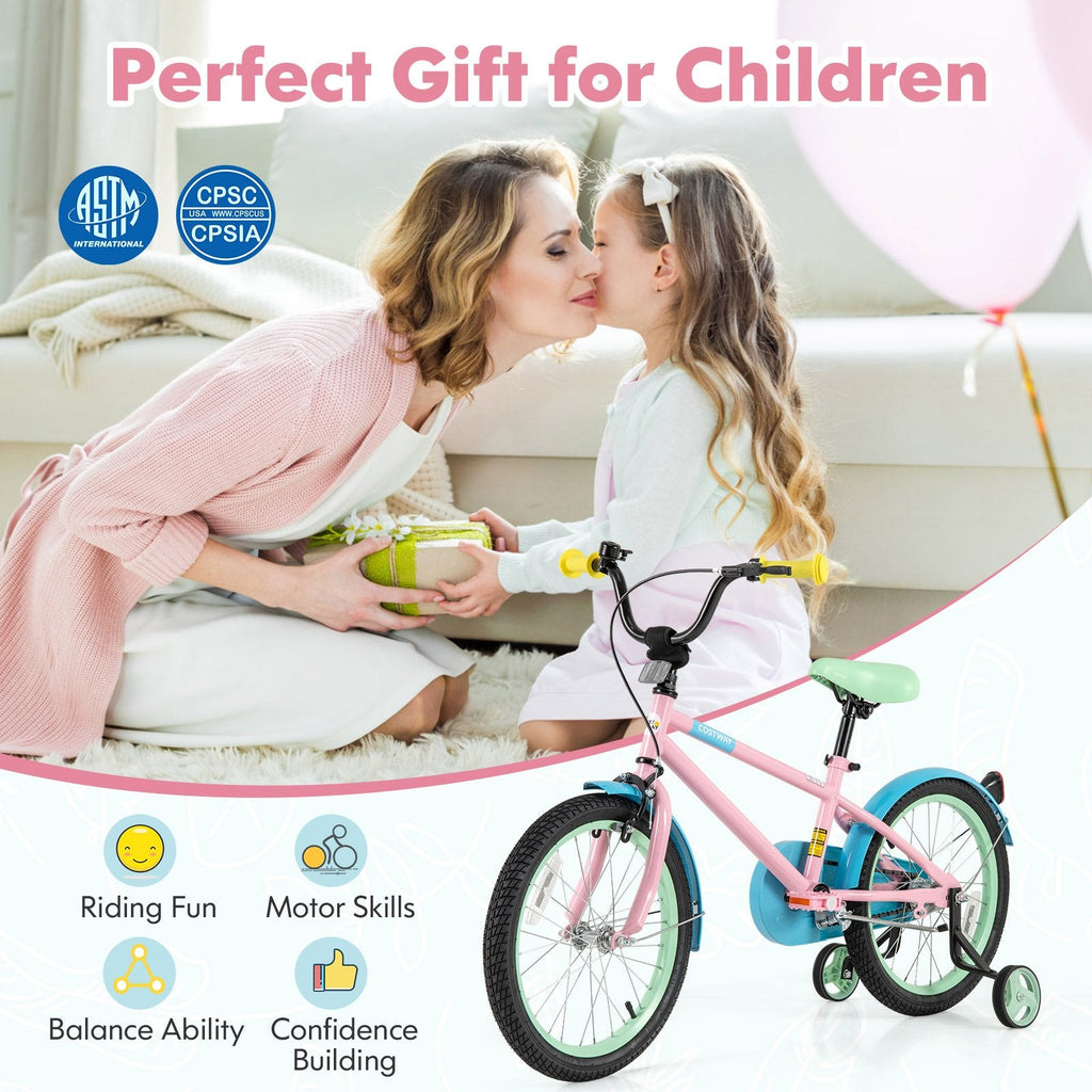 18 Inch Kids Bike with Adjustable Saddle, Kickstand and Reflectors, Pink