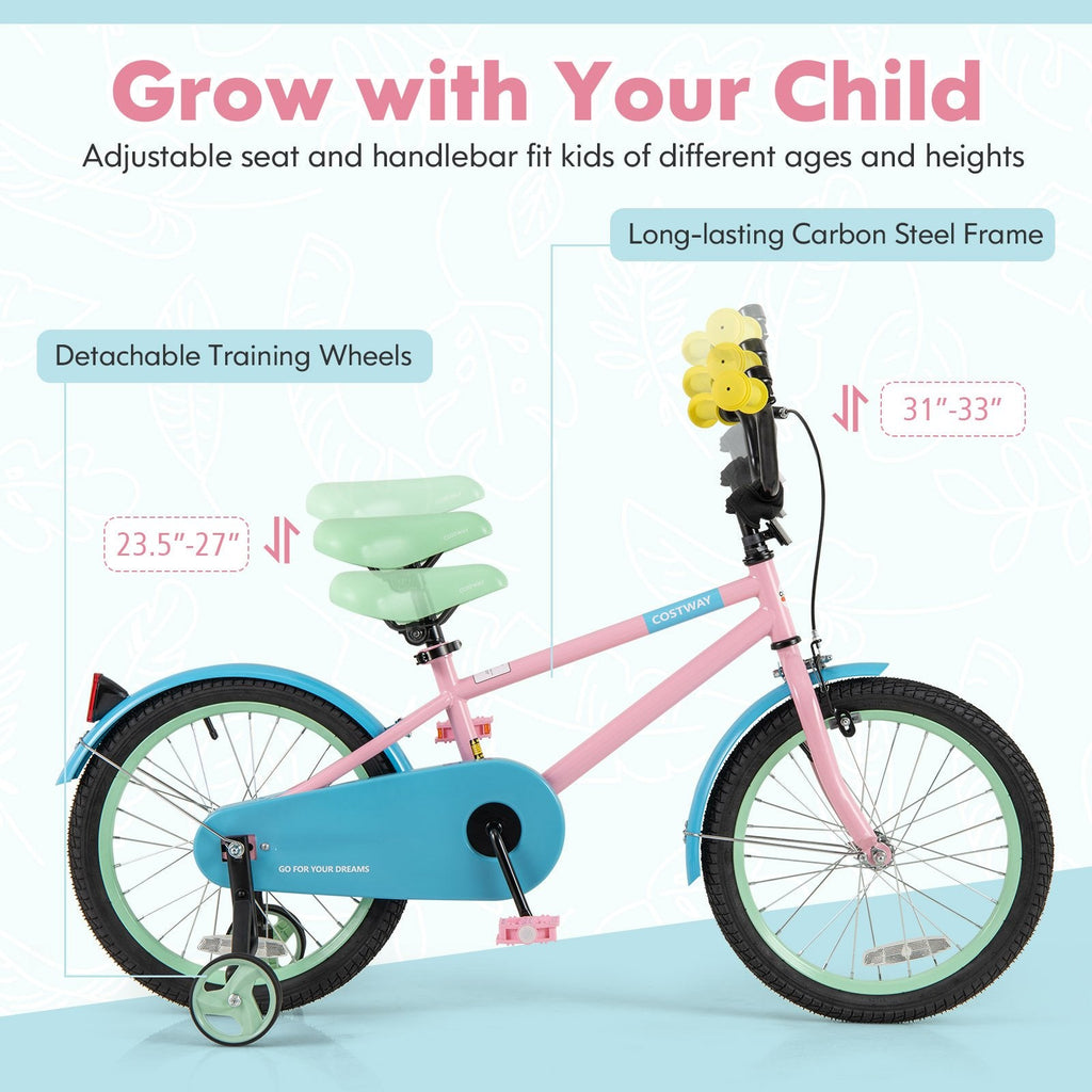 18 Inch Kids Bike with Adjustable Saddle, Kickstand and Reflectors, Pink