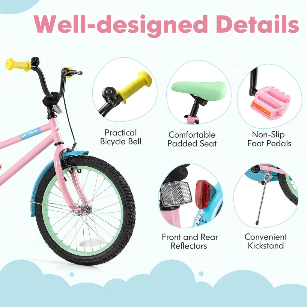 18 Inch Kids Bike with Adjustable Saddle, Kickstand and Reflectors, Pink