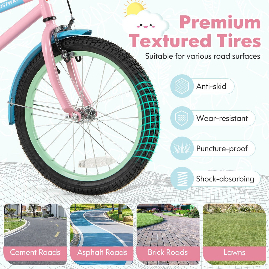 18 Inch Kids Bike with Adjustable Saddle, Kickstand and Reflectors, Pink