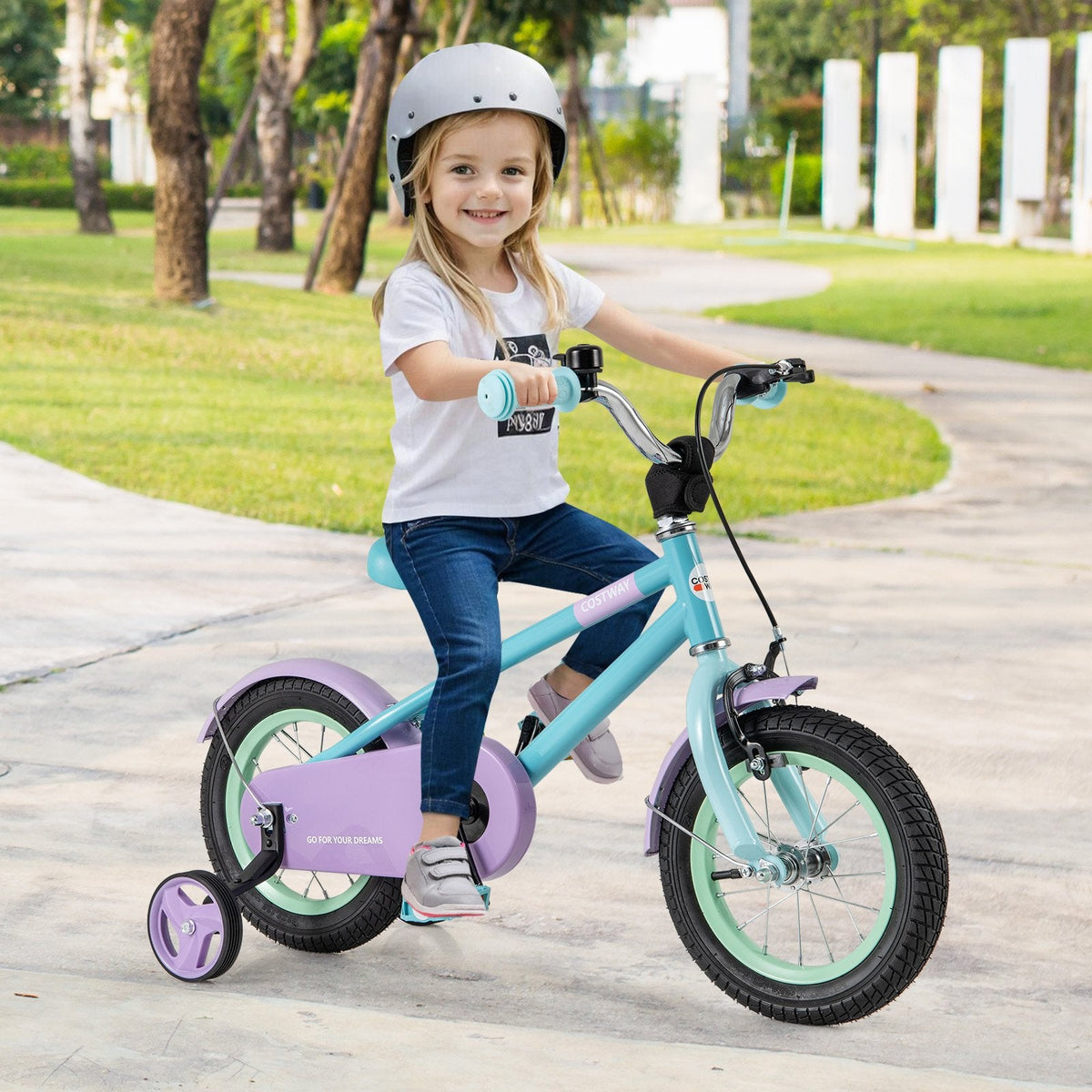 12 Inch Kids Bike with Adjustable Handlebar and Saddle, Mint and Lilac
