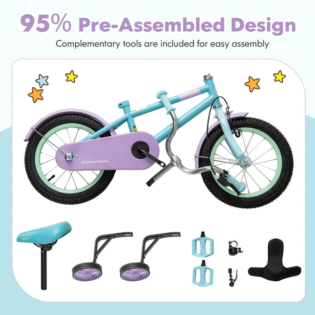 12 Inch Kids Bike with Adjustable Handlebar and Saddle, Mint and Lilac