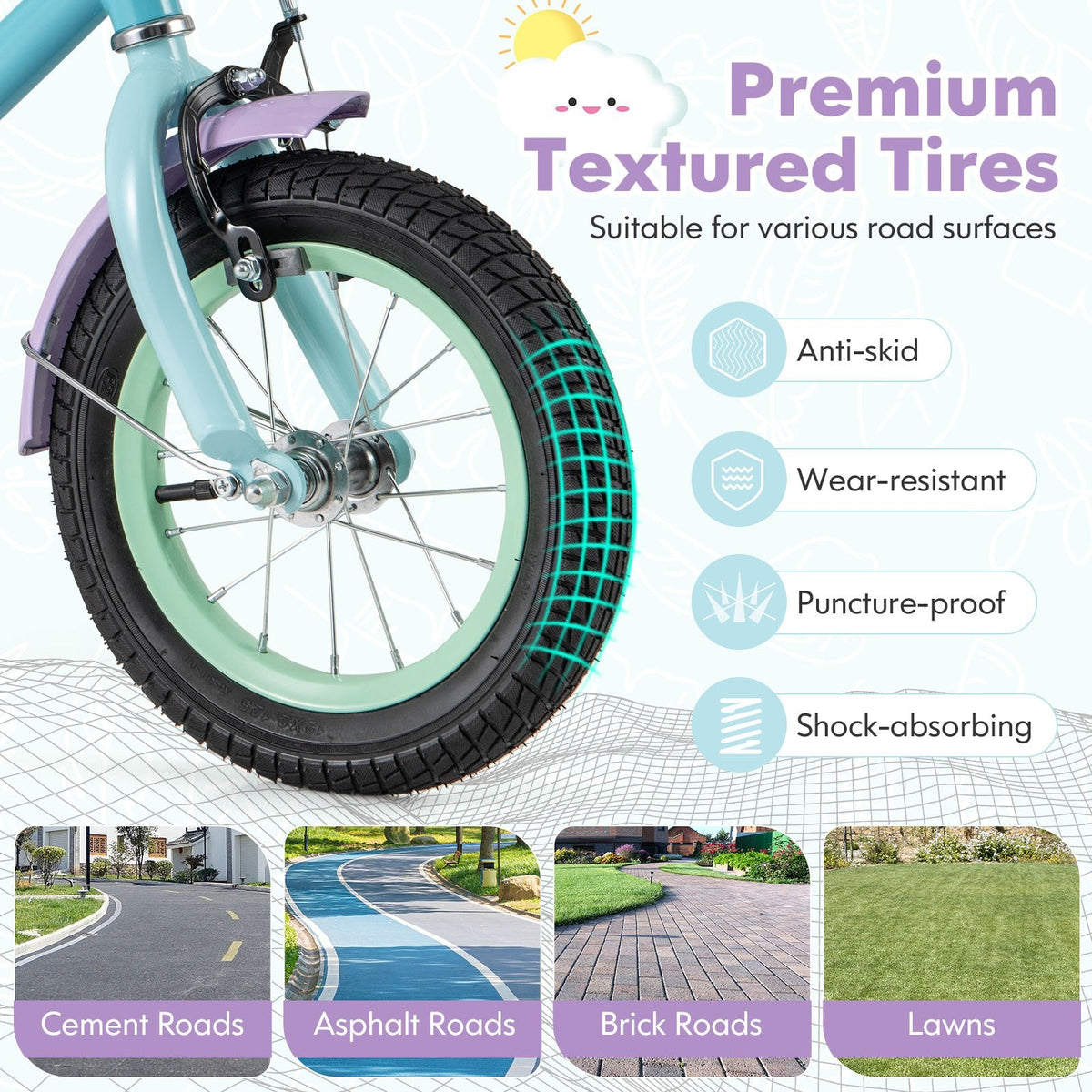 12 Inch Kids Bike with Adjustable Handlebar and Saddle, Mint and Lilac