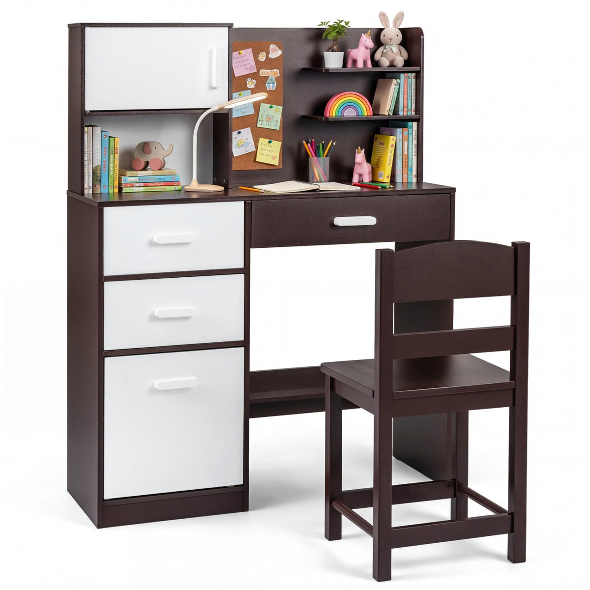 Kids Desk and Chair Set with Bulletin Board and 3 Drawers 2 Storage Cabinets-Rustic Brown