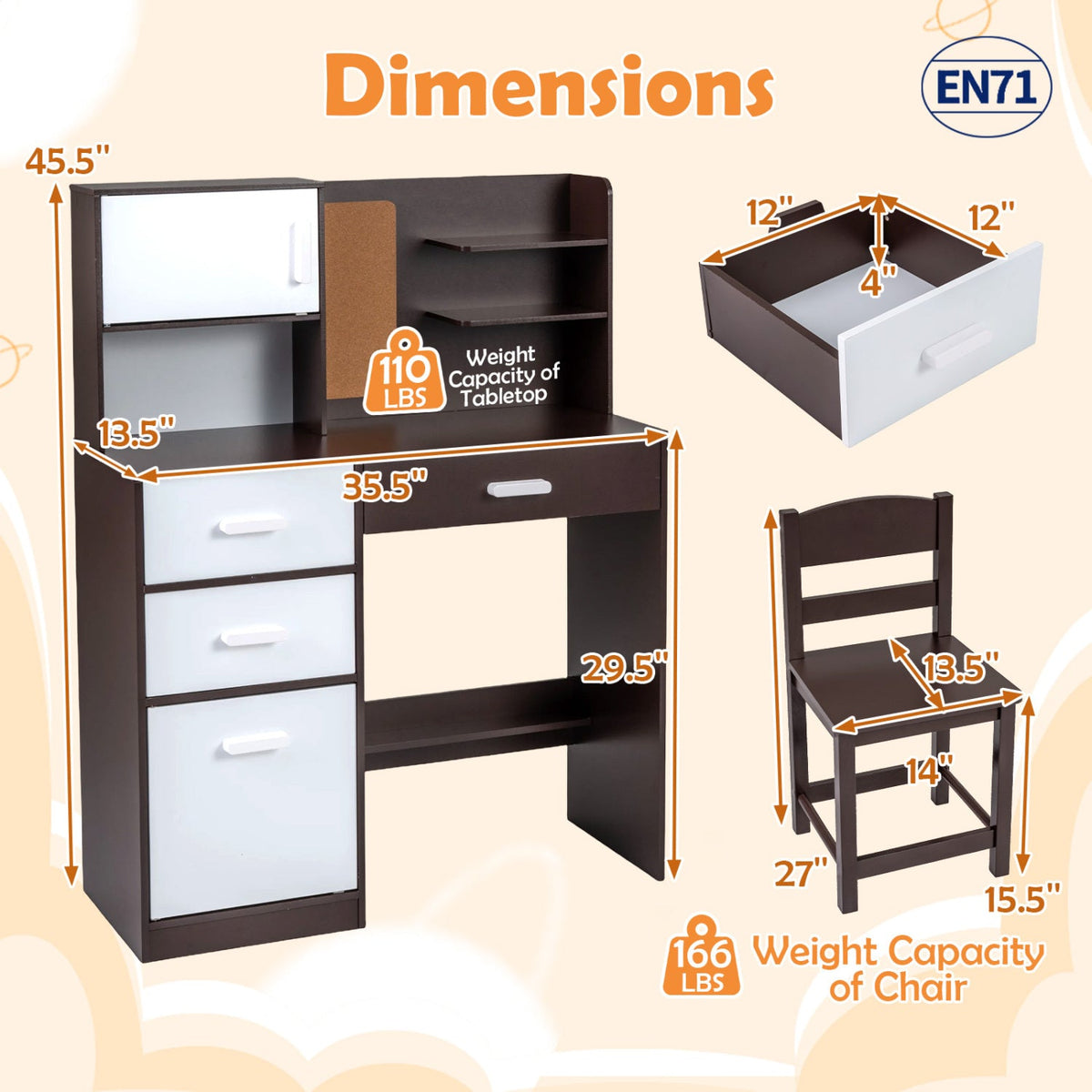 Kids Desk and Chair Set with Bulletin Board and 3 Drawers 2 Storage Cabinets-Rustic Brown