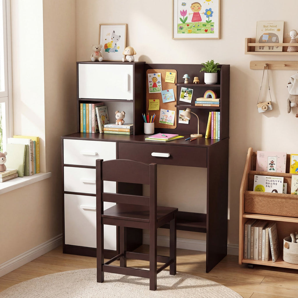 Kids Desk and Chair Set with Bulletin Board and 3 Drawers 2 Storage Cabinets-Rustic Brown