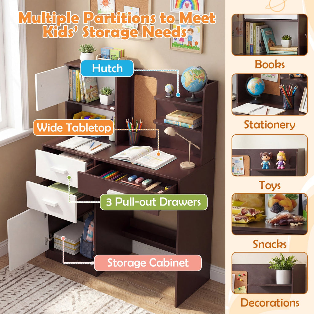 Kids Desk and Chair Set with Bulletin Board and 3 Drawers 2 Storage Cabinets-Rustic Brown