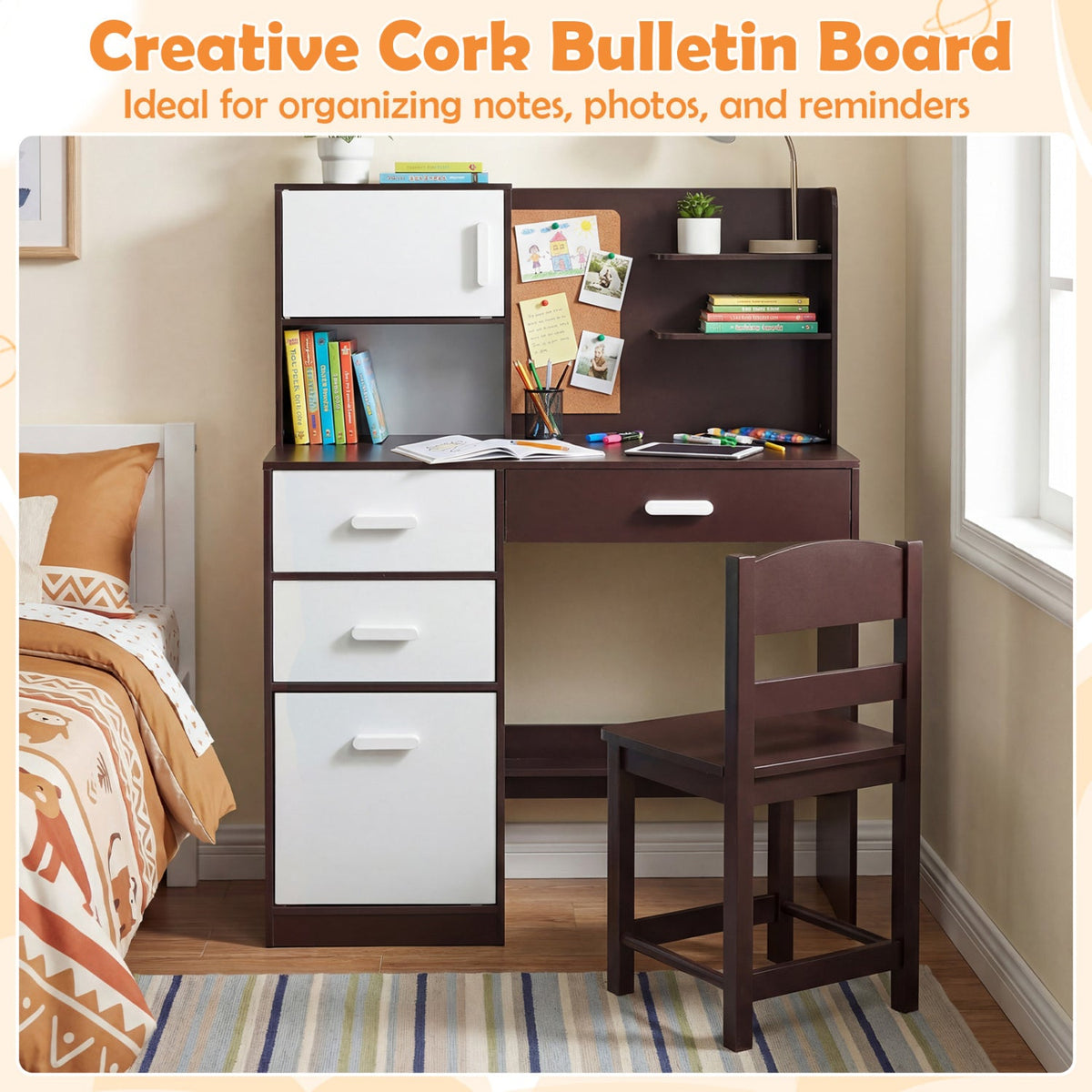 Kids Desk and Chair Set with Bulletin Board and 3 Drawers 2 Storage Cabinets-Rustic Brown