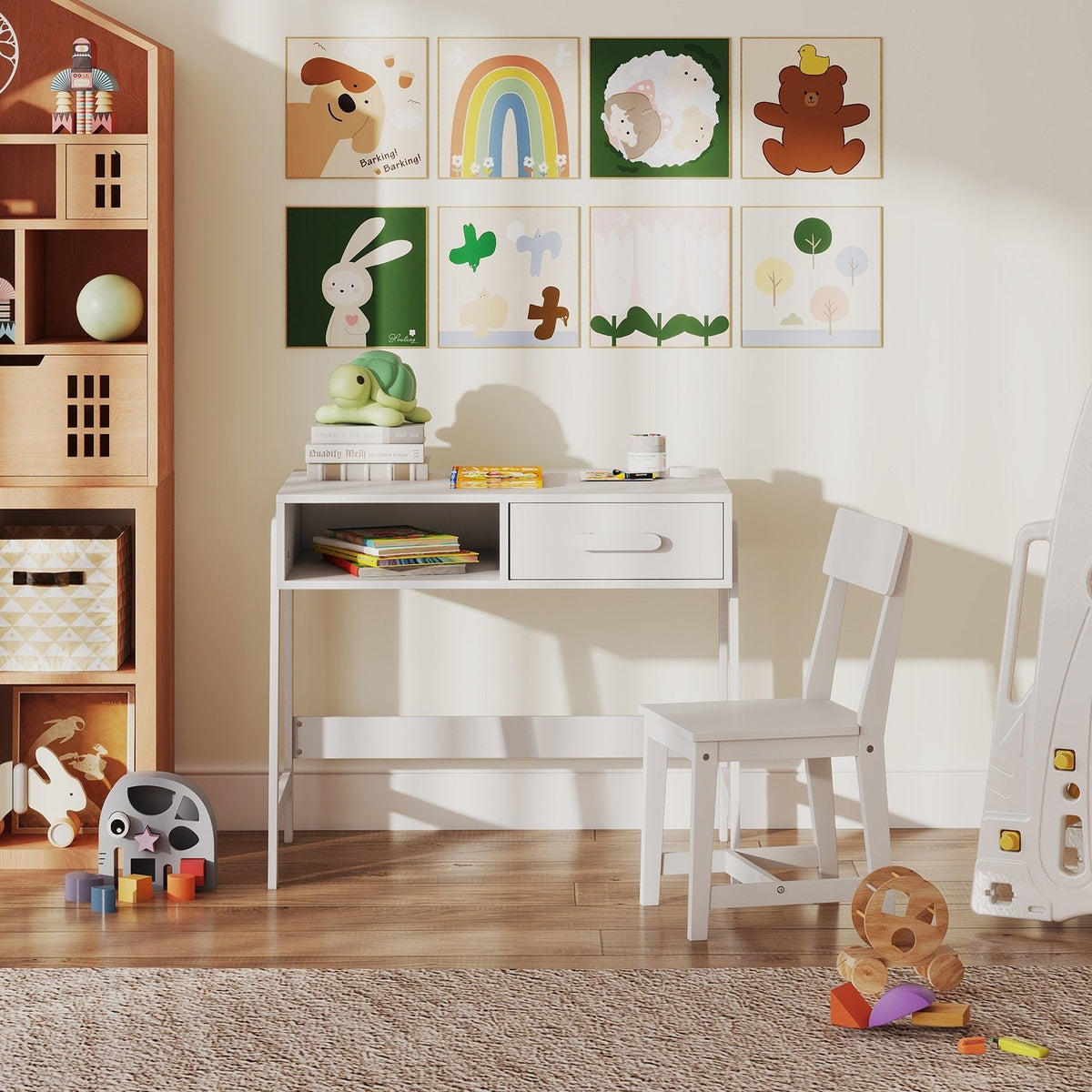 Kids Desk and Chair Set with Storage Drawer and Hutch-White