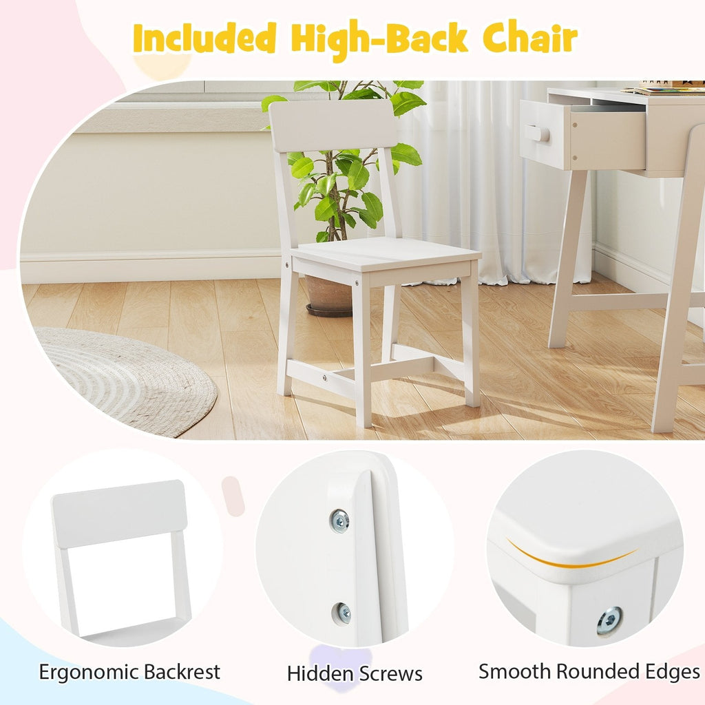 Kids Desk and Chair Set with Storage Drawer and Hutch-White