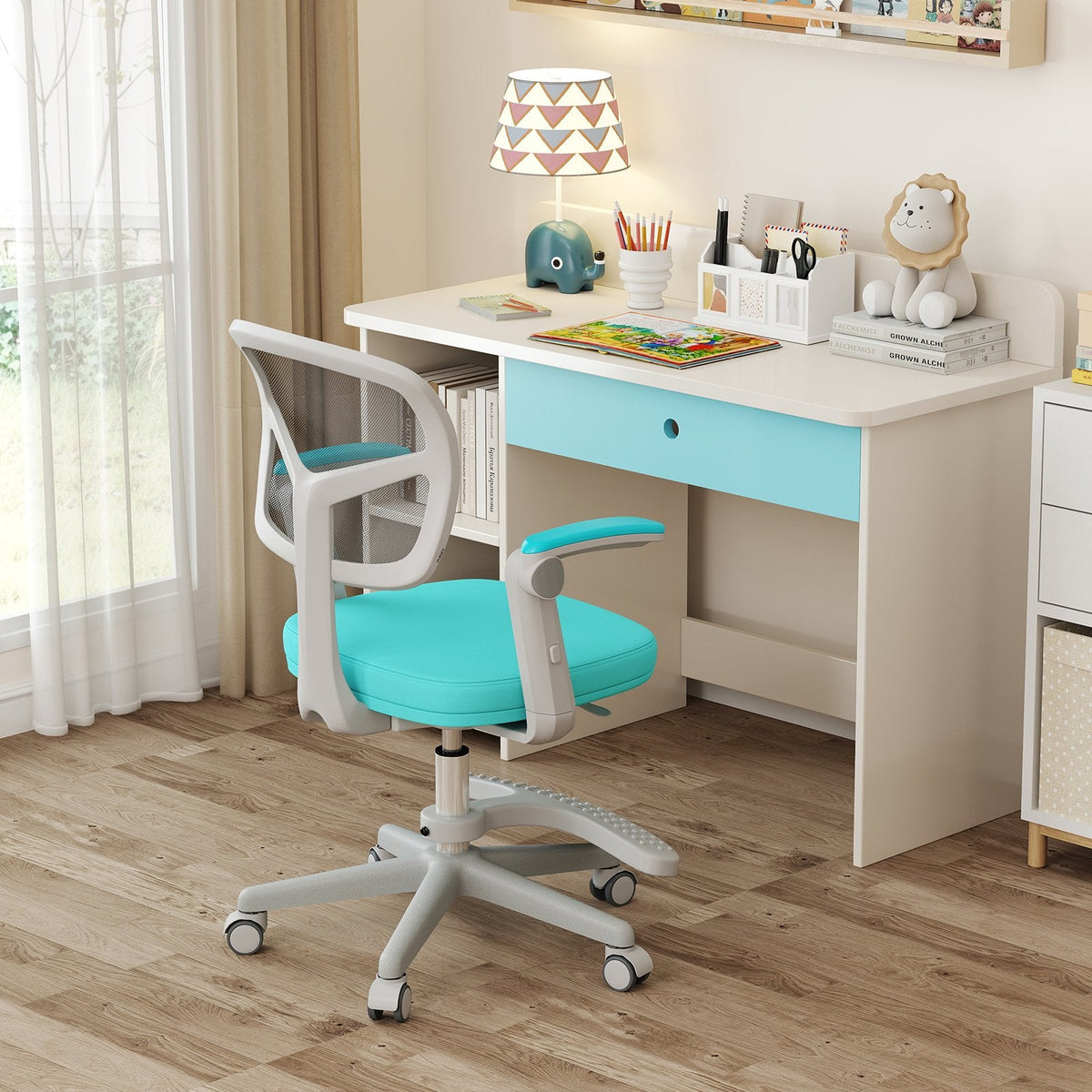 Kids Desk Chair Children Study Chair with Adjustable Height Armrest and Footrest-Green
