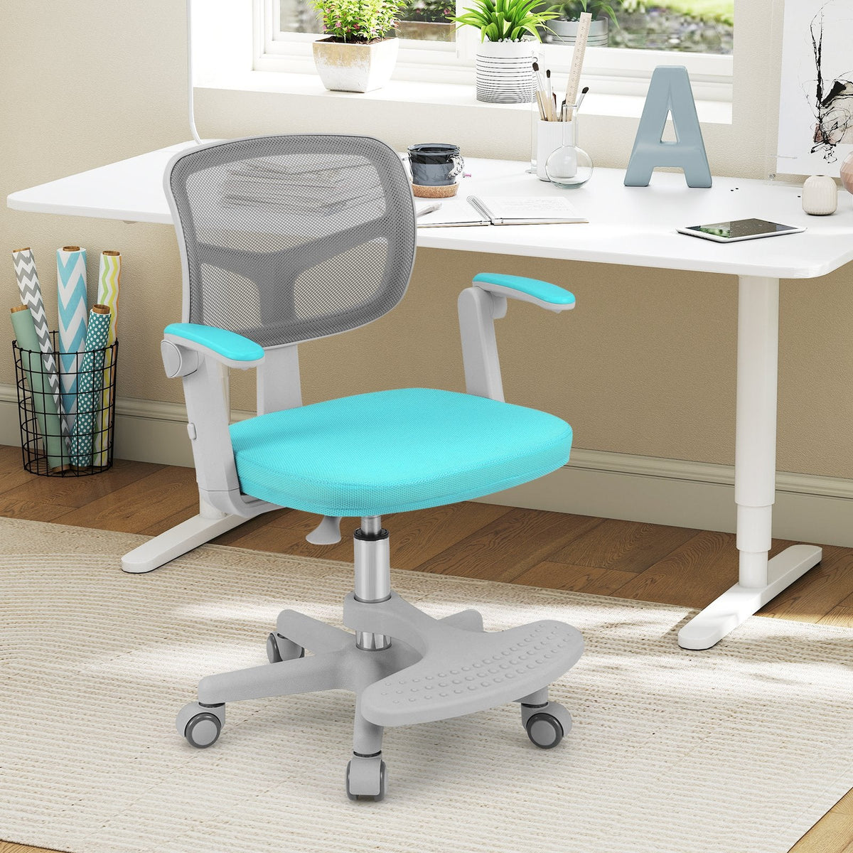 Kids Desk Chair Children Study Chair with Adjustable Height Armrest and Footrest-Green