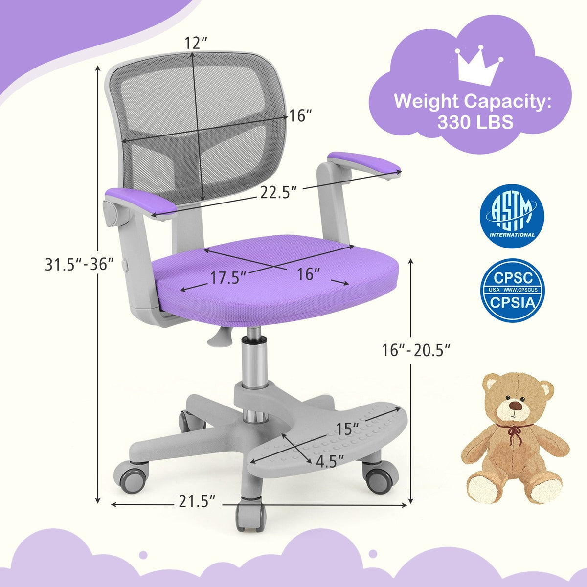 Kids Desk Chair Children Study Chair with Adjustable Height Armrest and Footrest-Purple