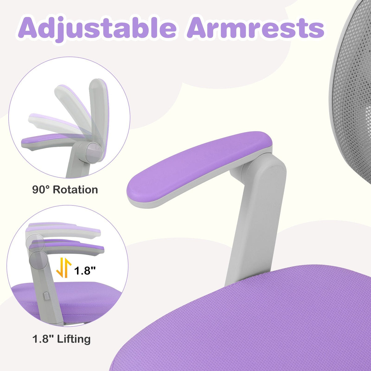 Kids Desk Chair Children Study Chair with Adjustable Height Armrest and Footrest-Purple