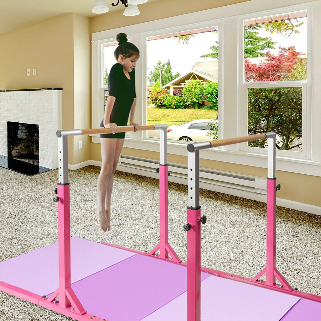 Kids Double Horizontal Bars Gymnastic Training Parallel Bars Adjustable-Pink