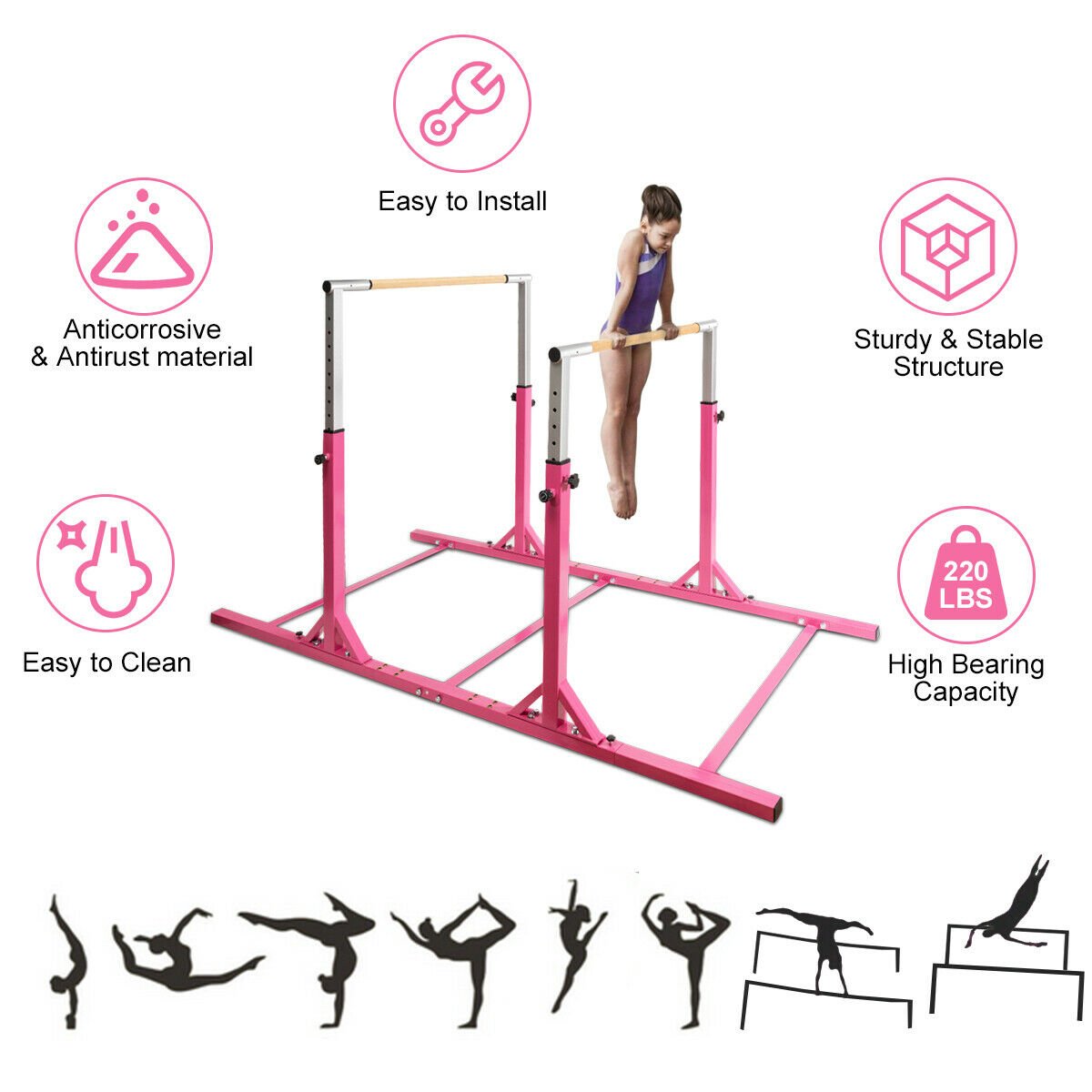 Kids Double Horizontal Bars Gymnastic Training Parallel Bars Adjustable-Pink