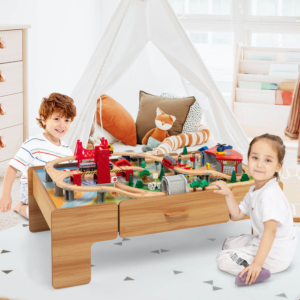 100-Piece Double-Sided Wooden Train Set Table with Storage Drawer for Kids Age 3 +