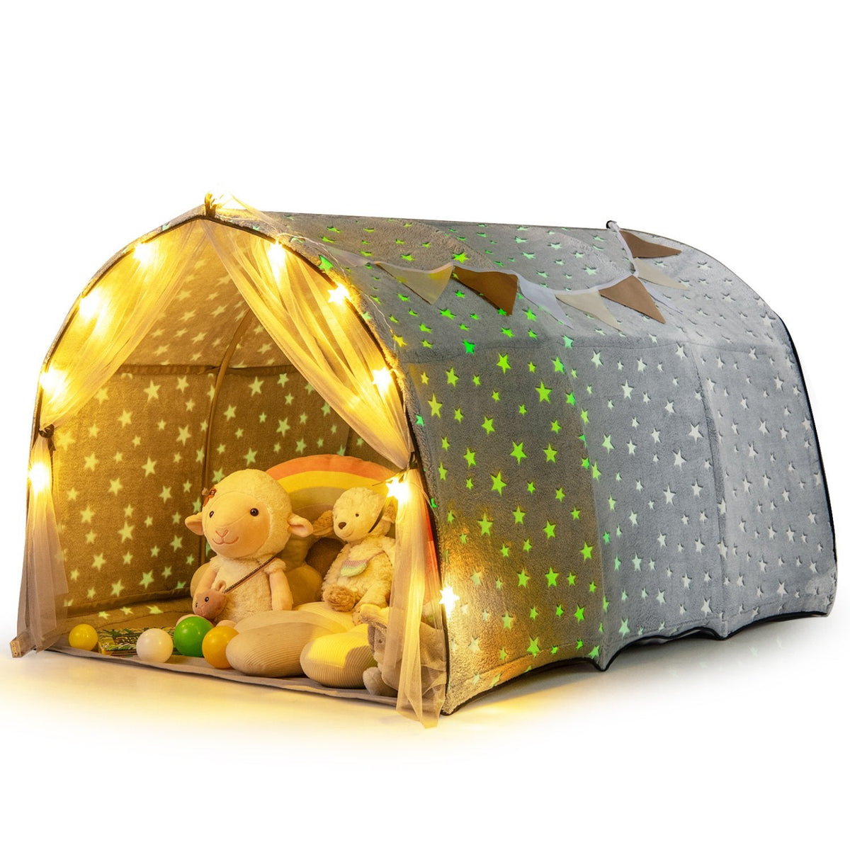 Kids Dream Bed Tent Twin Bunk Bed with Glow in the Dark Stars and Lights-Gray