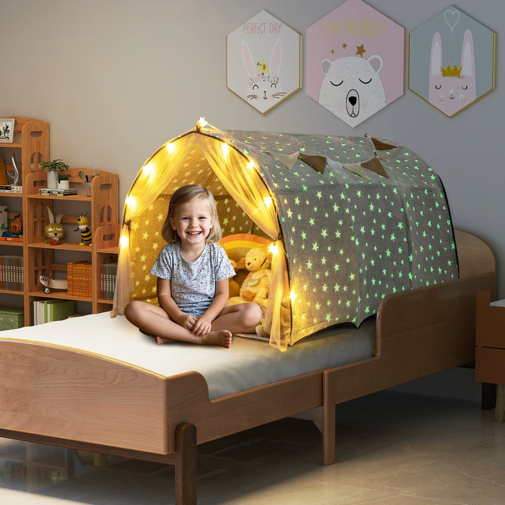 Kids Dream Bed Tent Twin Bunk Bed with Glow in the Dark Stars and Lights-Gray