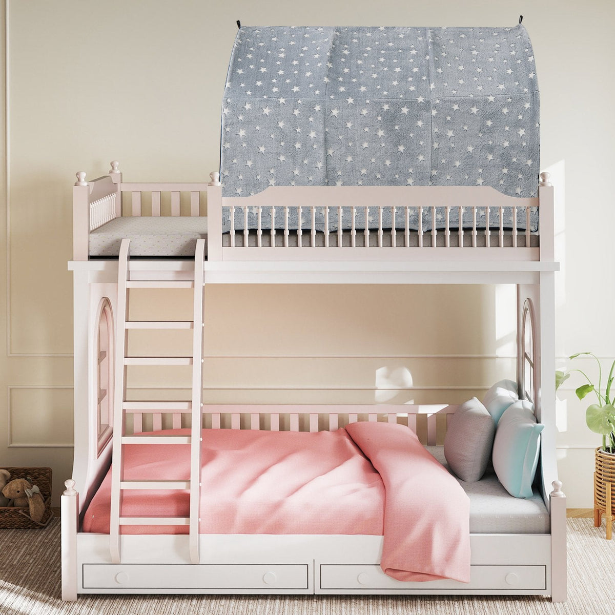 Kids Dream Bed Tent Twin Bunk Bed with Glow in the Dark Stars and Lights-Gray