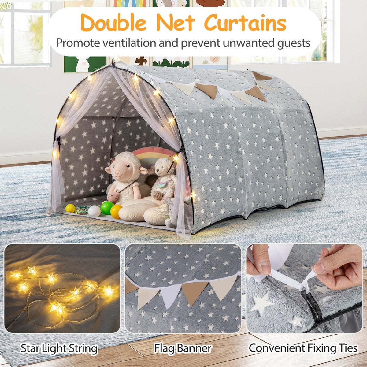 Kids Dream Bed Tent Twin Bunk Bed with Glow in the Dark Stars and Lights-Gray