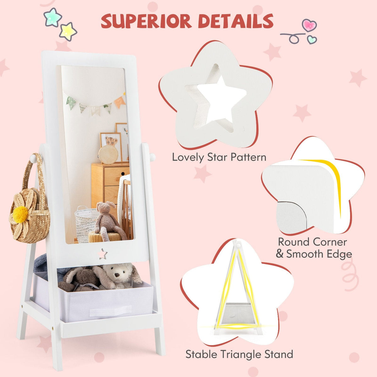 Kids Full Length Mirror 360 Degree Rotatable Dressing Mirror with Storage Bin-White