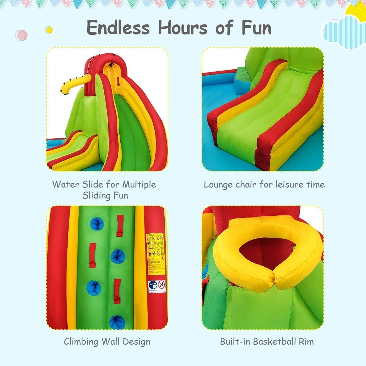 Inflatable Water Park with Two Slides, Lounge Chair and 480W Blower