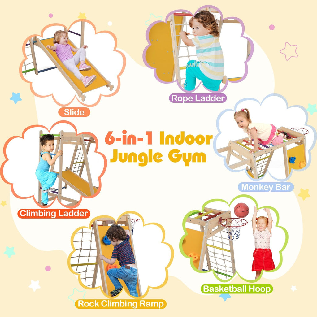 Kids Indoor Playground 6-in-1 Jungle Gym for 3-14 Years Olds-Rainbow