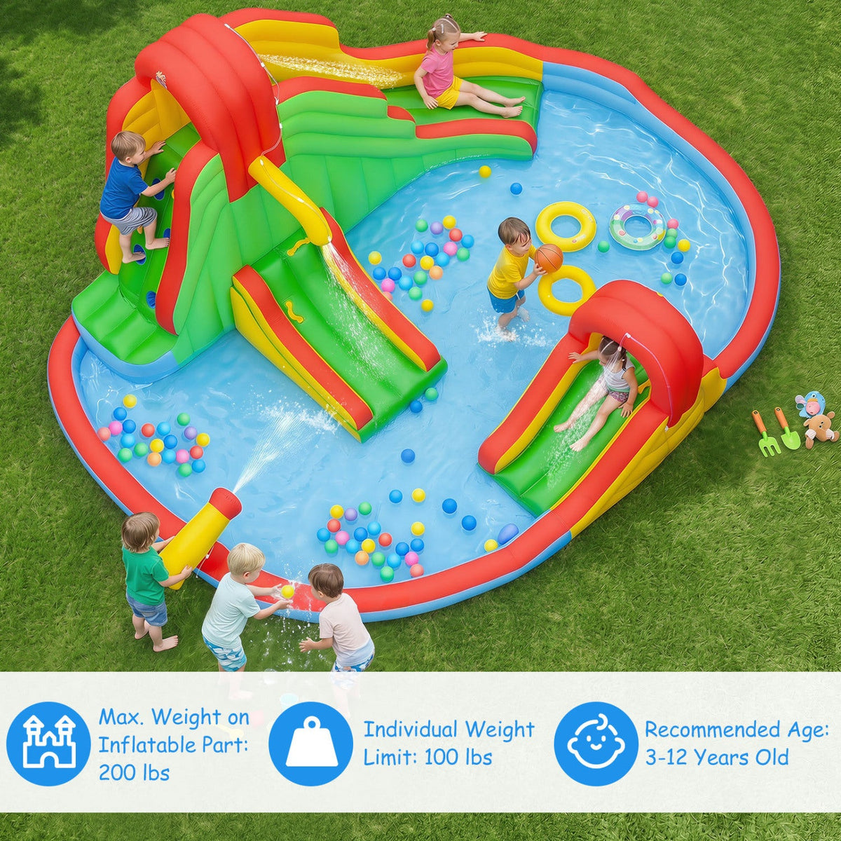 Kids Inflatable Water Park with Three Water Slides, Tunnel and Splash Pool, No Blower