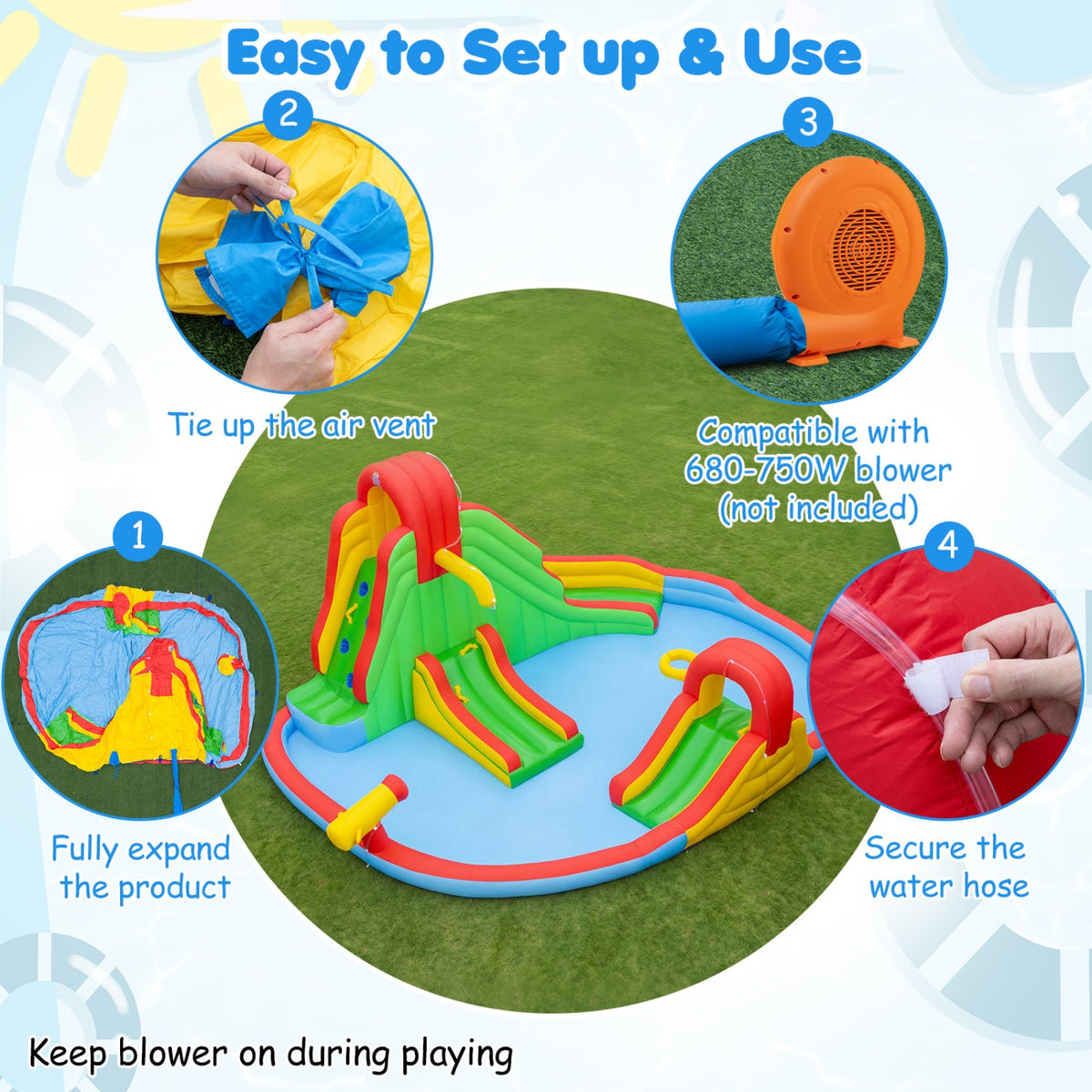 Kids Inflatable Water Park with Three Water Slides, Tunnel and Splash Pool, No Blower