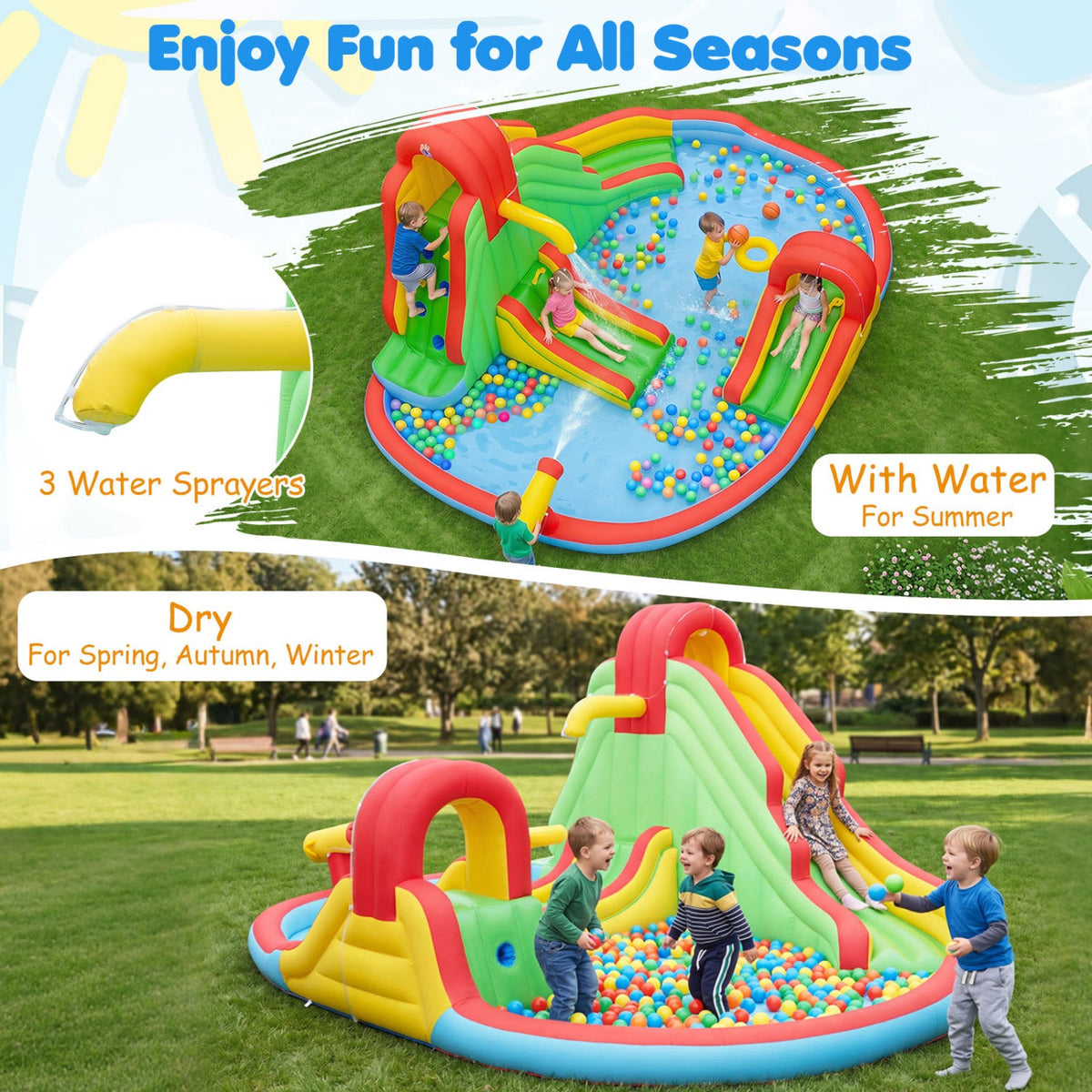 Kids Inflatable Water Park with Three Water Slides, Tunnel and Splash Pool, No Blower