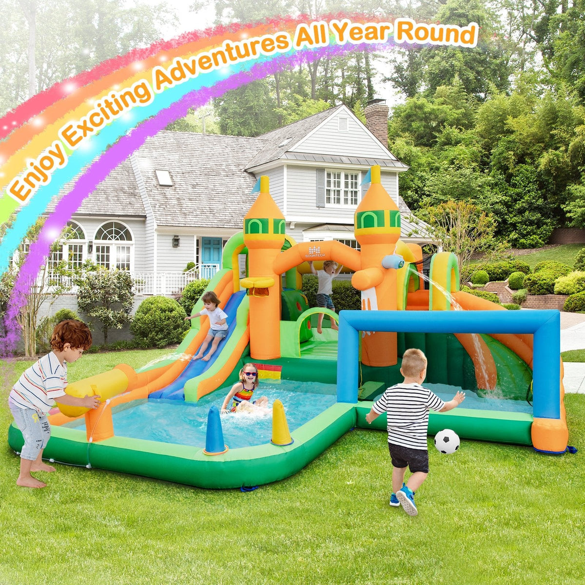 Castle Inflatable Water Park with Two Slides, Climbing Wall and 735W Blower