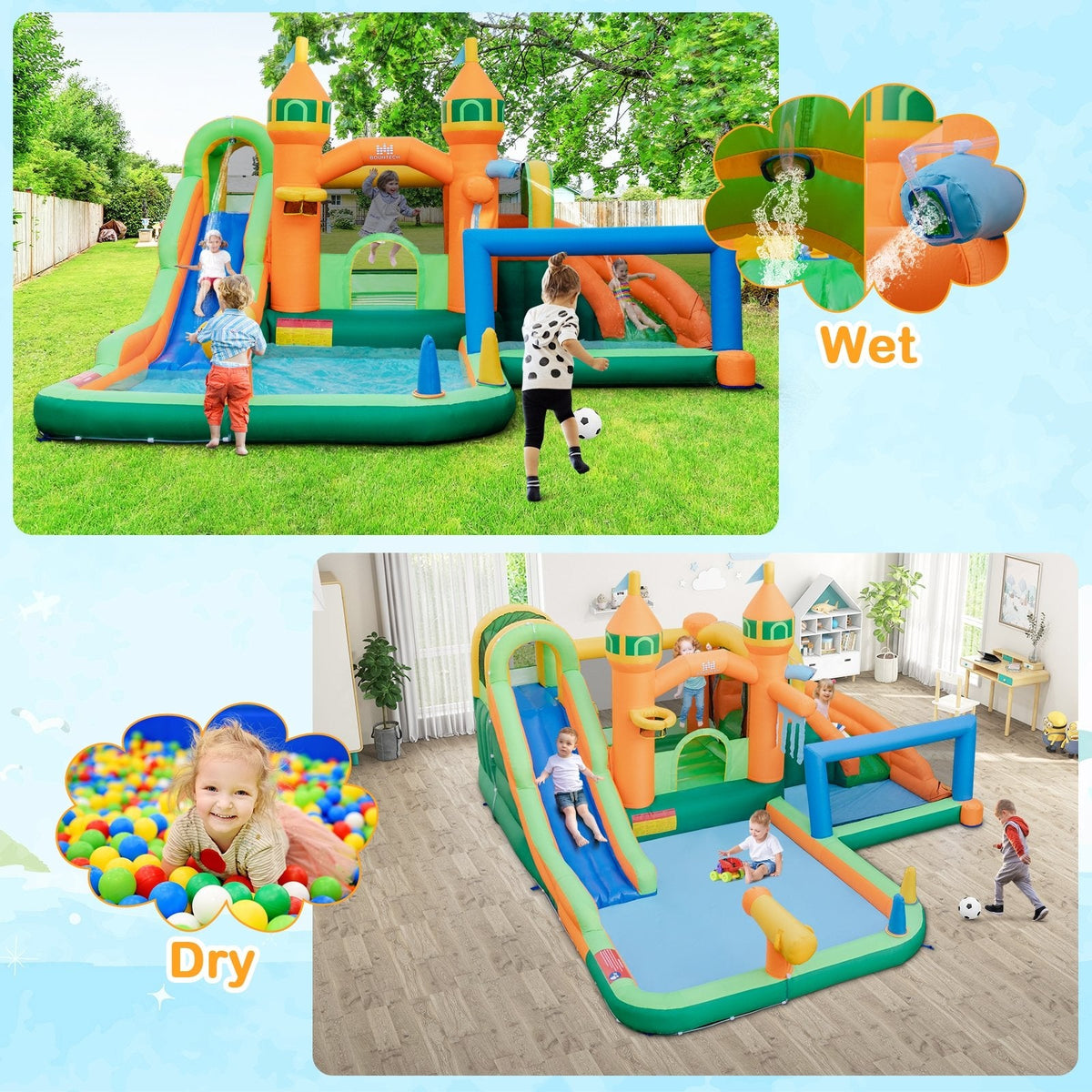 Castle Inflatable Water Park with Two Slides, Climbing Wall and 735W Blower