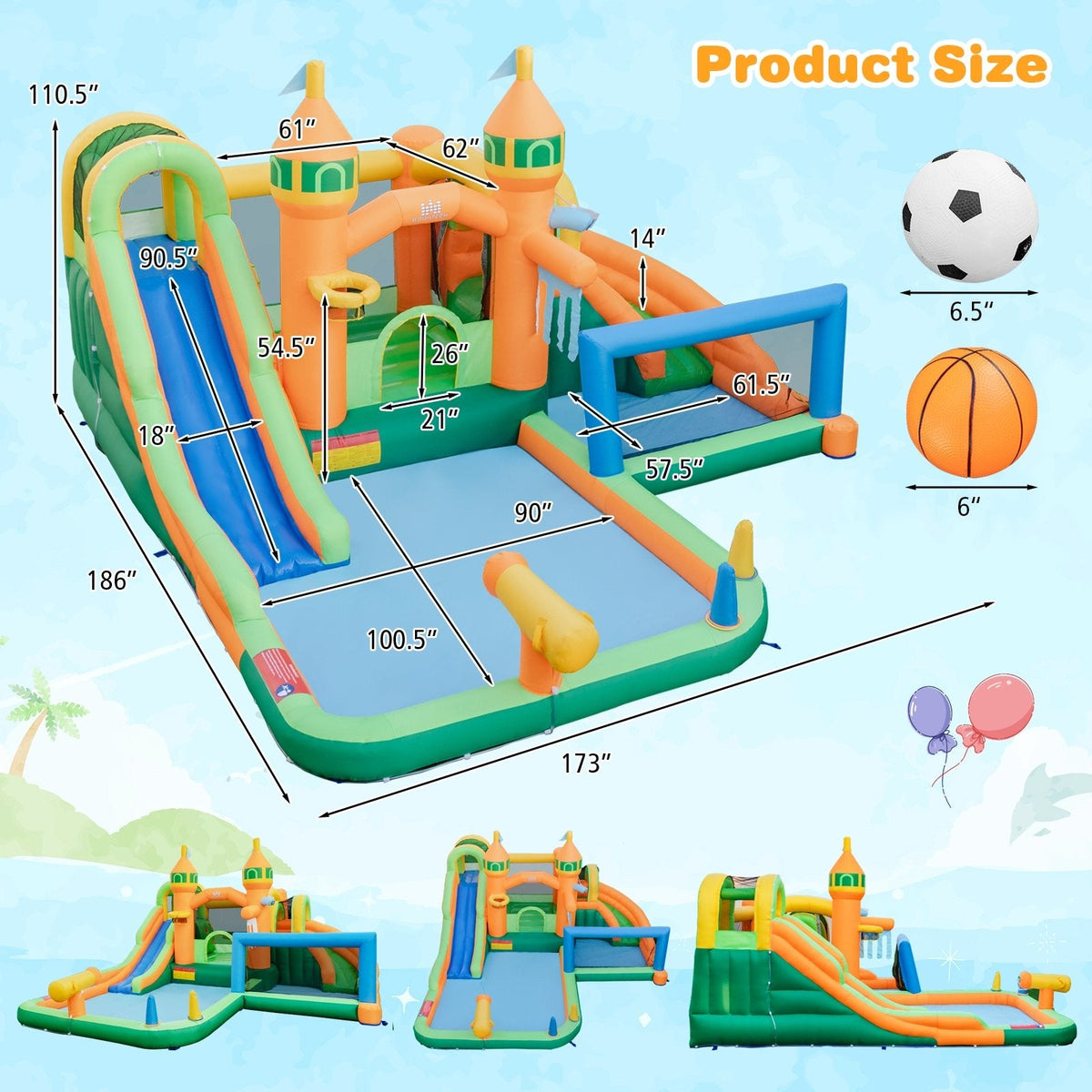 Castle Inflatable Water Park with Two Slides, Climbing Wall and 735W Blower