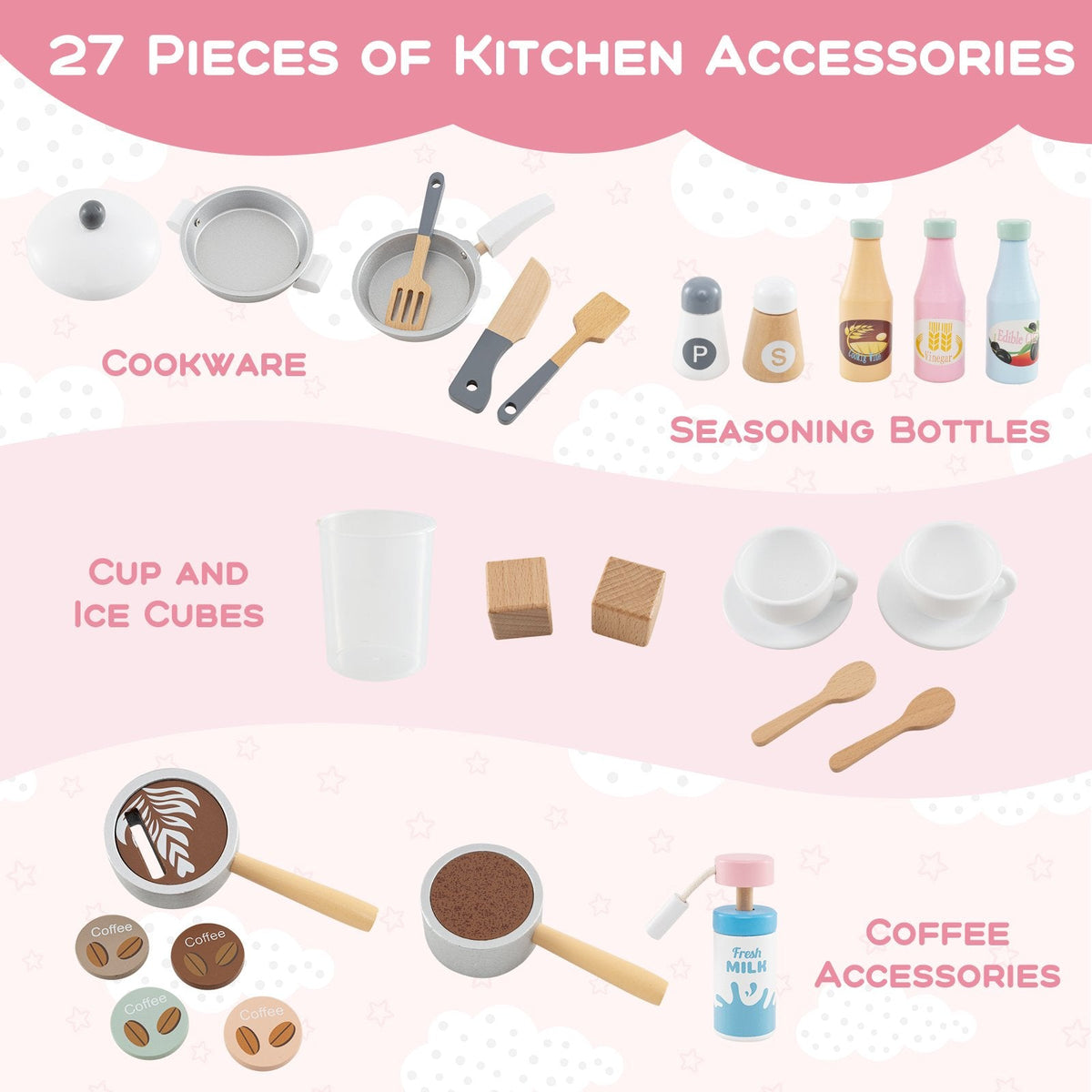 Kids Kitchen Set Wooden with Coffee Makers and Accessories-White