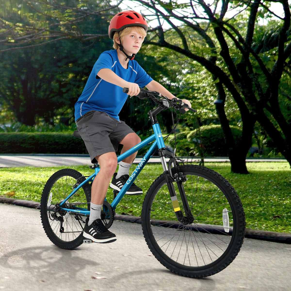 24 Inch Kids Mountain Bike with Shimano 6 Speed and Suspension Fork, Blue