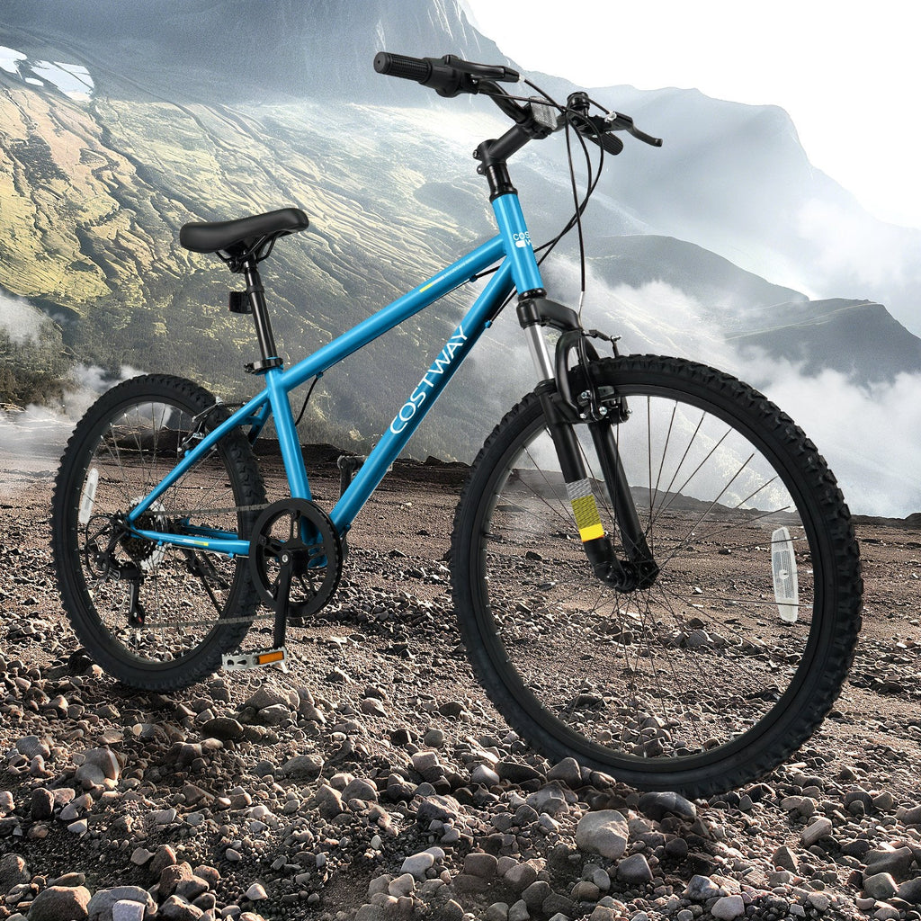 24 Inch Kids Mountain Bike with Shimano 6 Speed and Suspension Fork, Blue