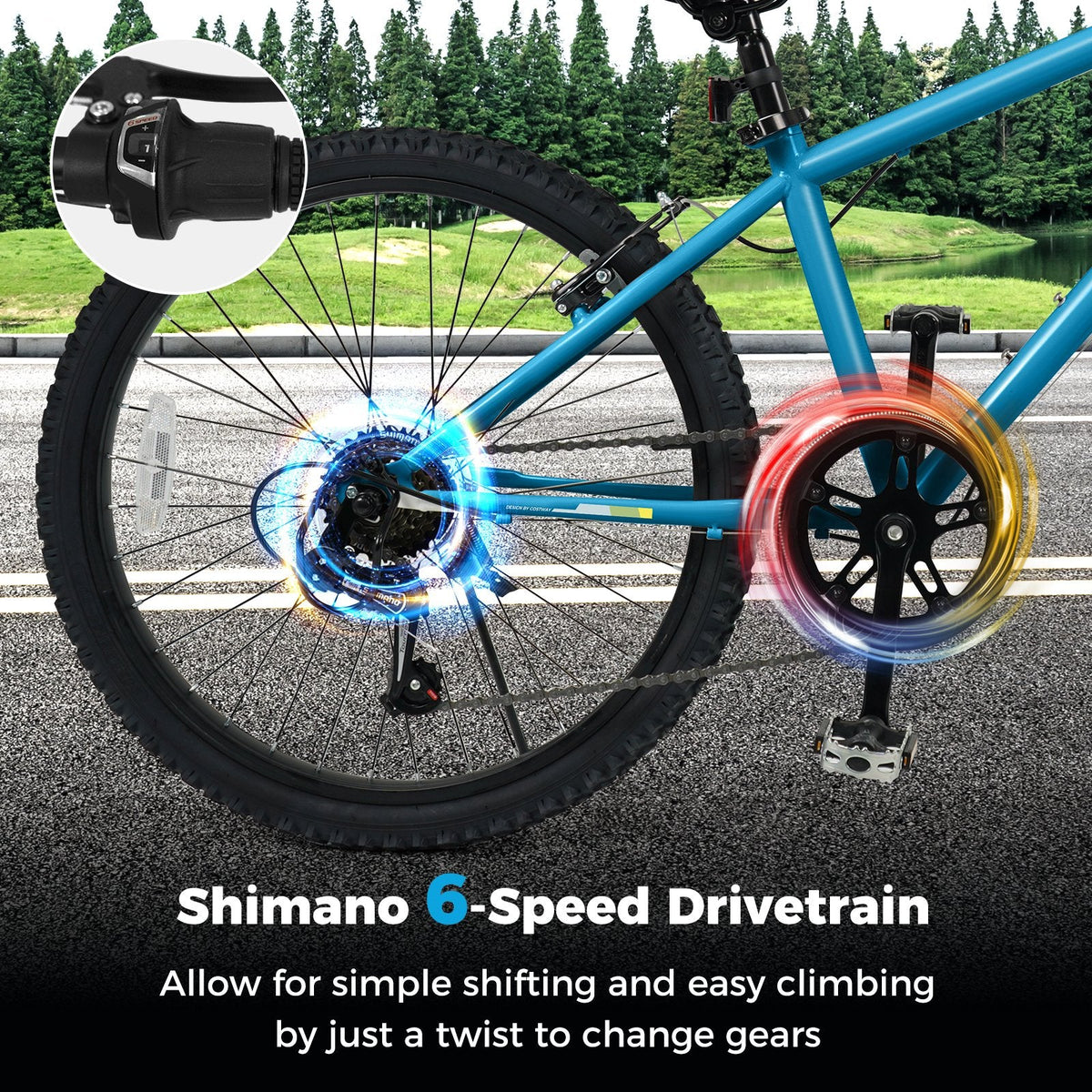 24 Inch Kids Mountain Bike with Shimano 6 Speed and Suspension Fork, Blue