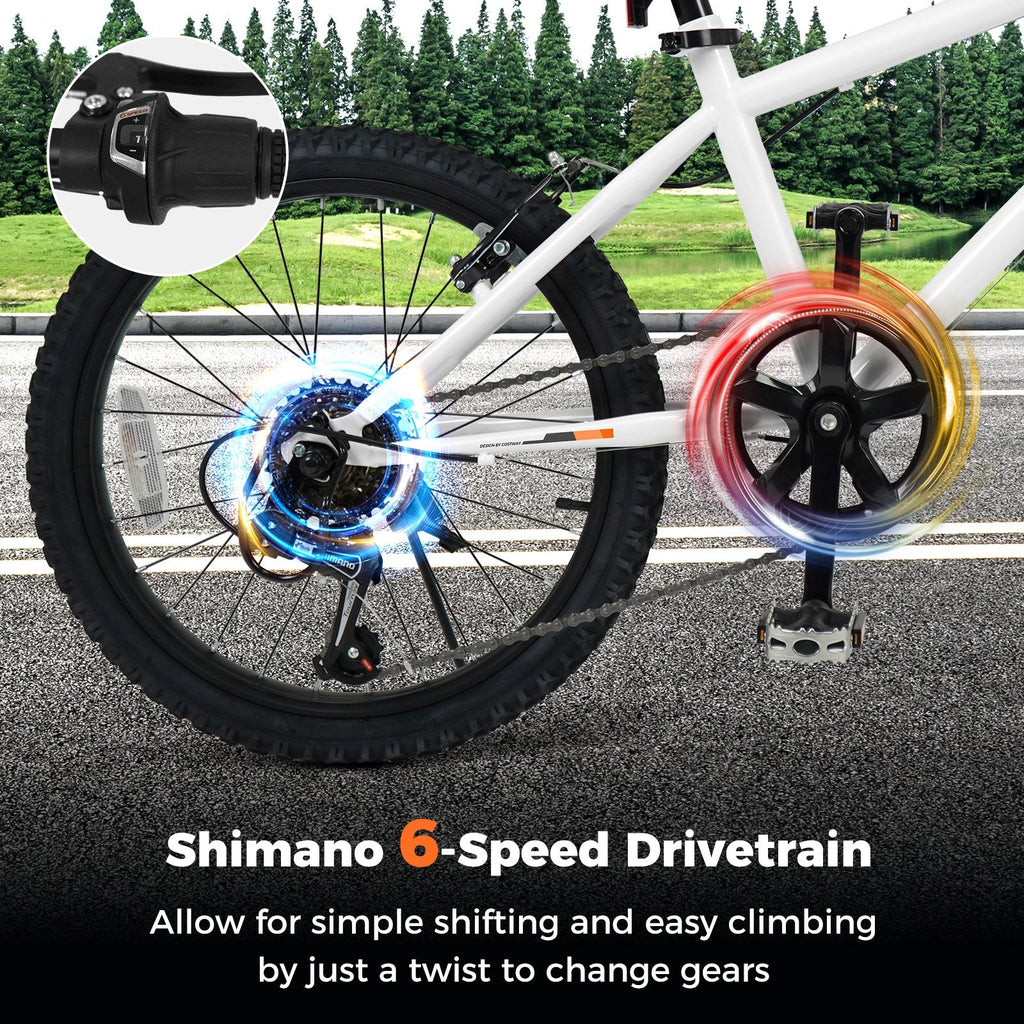 20 Inch Kids Mountain Bike with Shimano 6 Speed and Suspension Fork, White