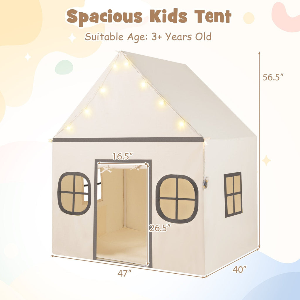 Kids Play Tent Large Playhouse with Door Curtain and Windows Star Lights-Beige