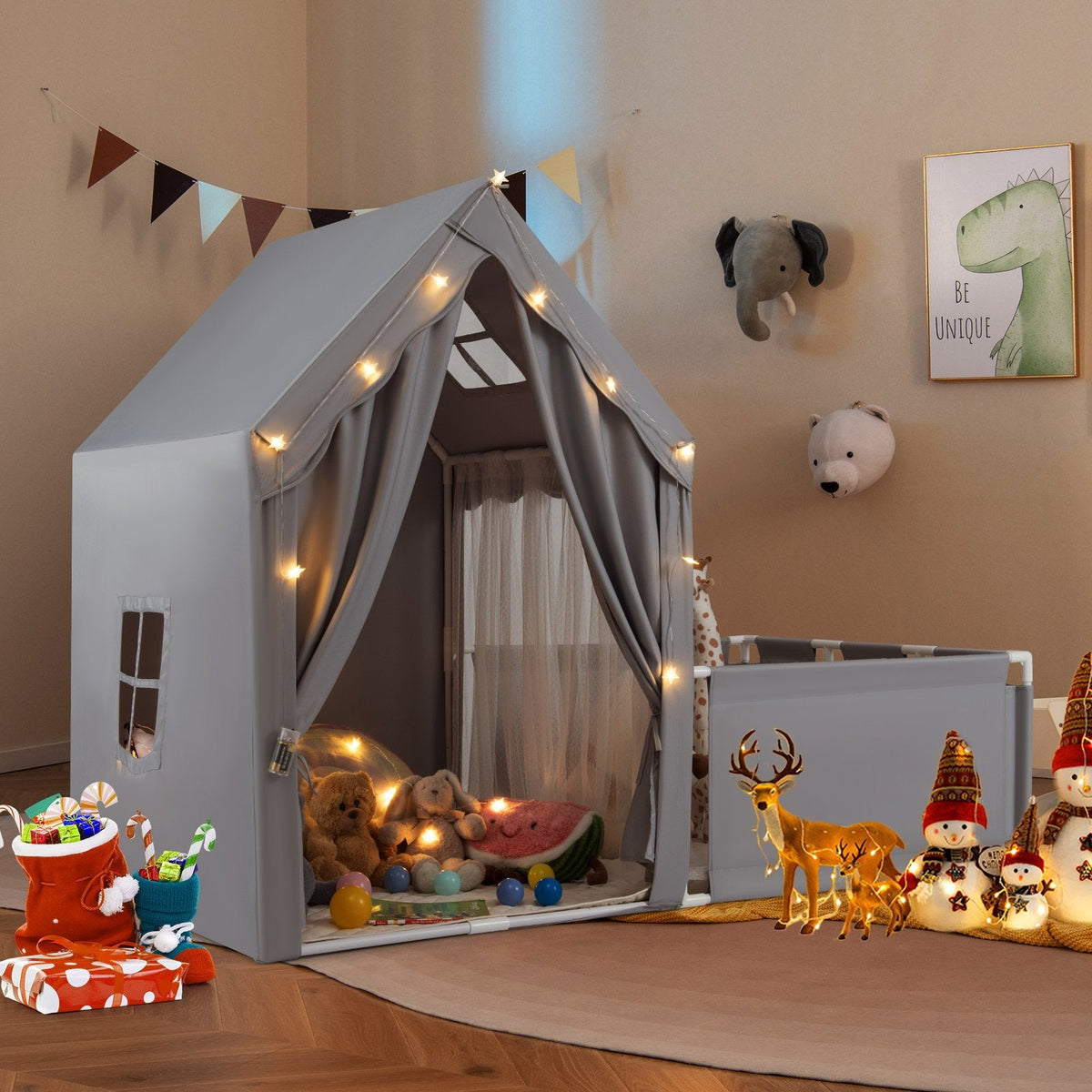 Kids Play Tent with Playpen 2-in-1 Toddler Playhouse with Yard-Grey