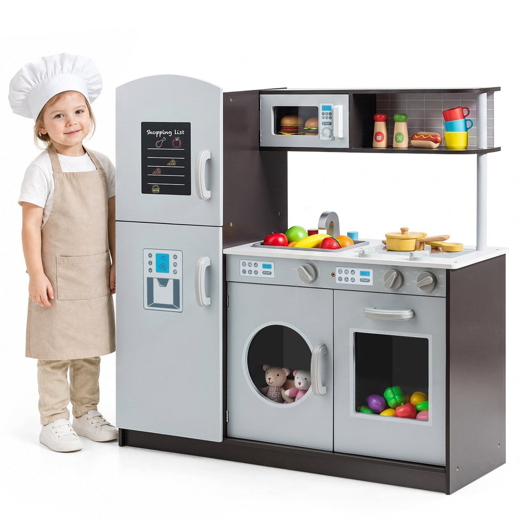 Grey Wooden Play Kitchen with Fridge, Washing Machine and Shopping List Board
