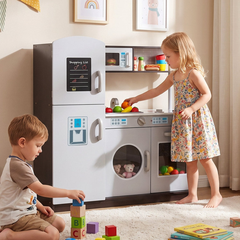 Grey Wooden Play Kitchen with Fridge, Washing Machine and Shopping List Board