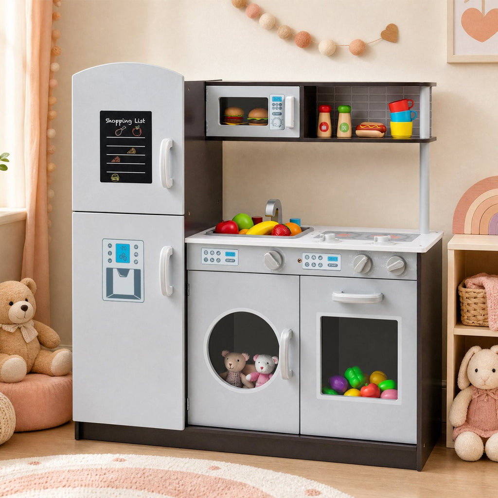 Grey Wooden Play Kitchen with Fridge, Washing Machine and Shopping List Board