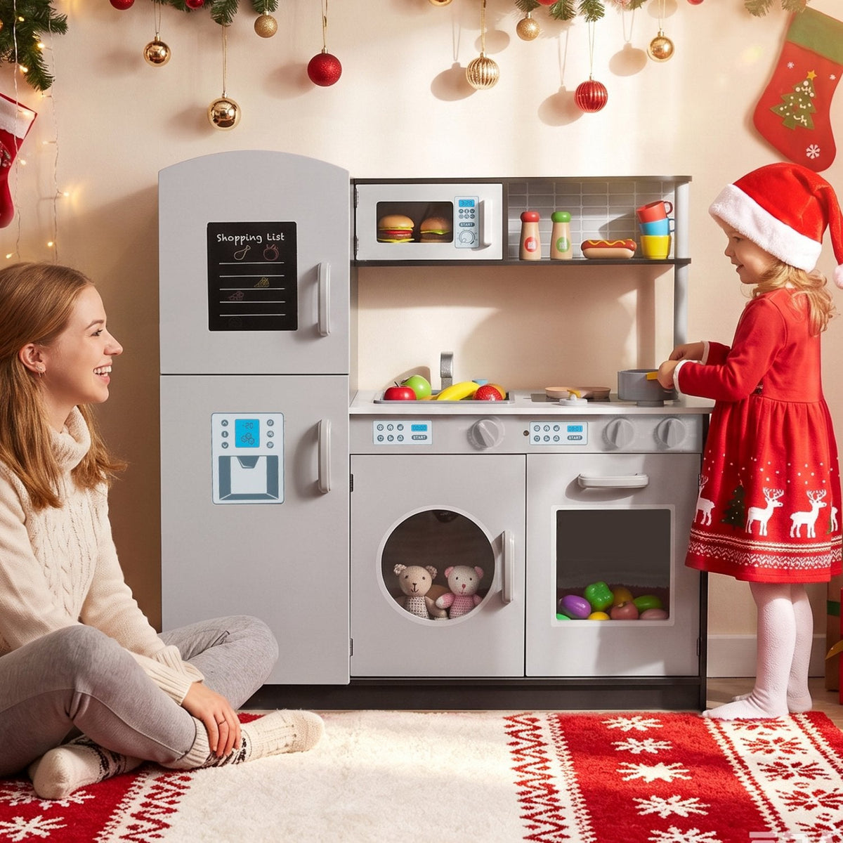 Grey Wooden Play Kitchen with Fridge, Washing Machine and Shopping List Board