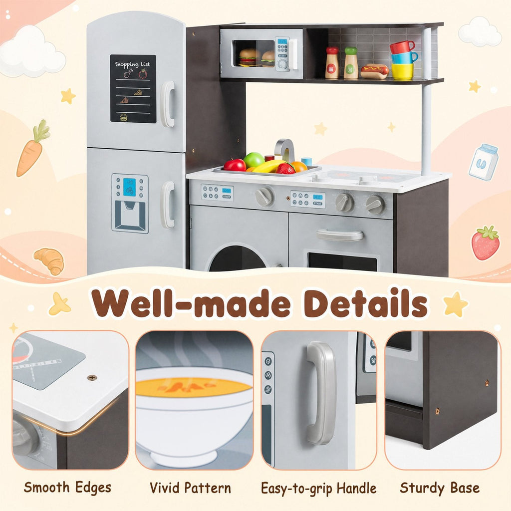 Grey Wooden Play Kitchen with Fridge, Washing Machine and Shopping List Board