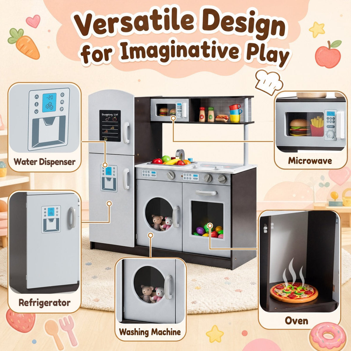 Grey Wooden Play Kitchen with Fridge, Washing Machine and Shopping List Board